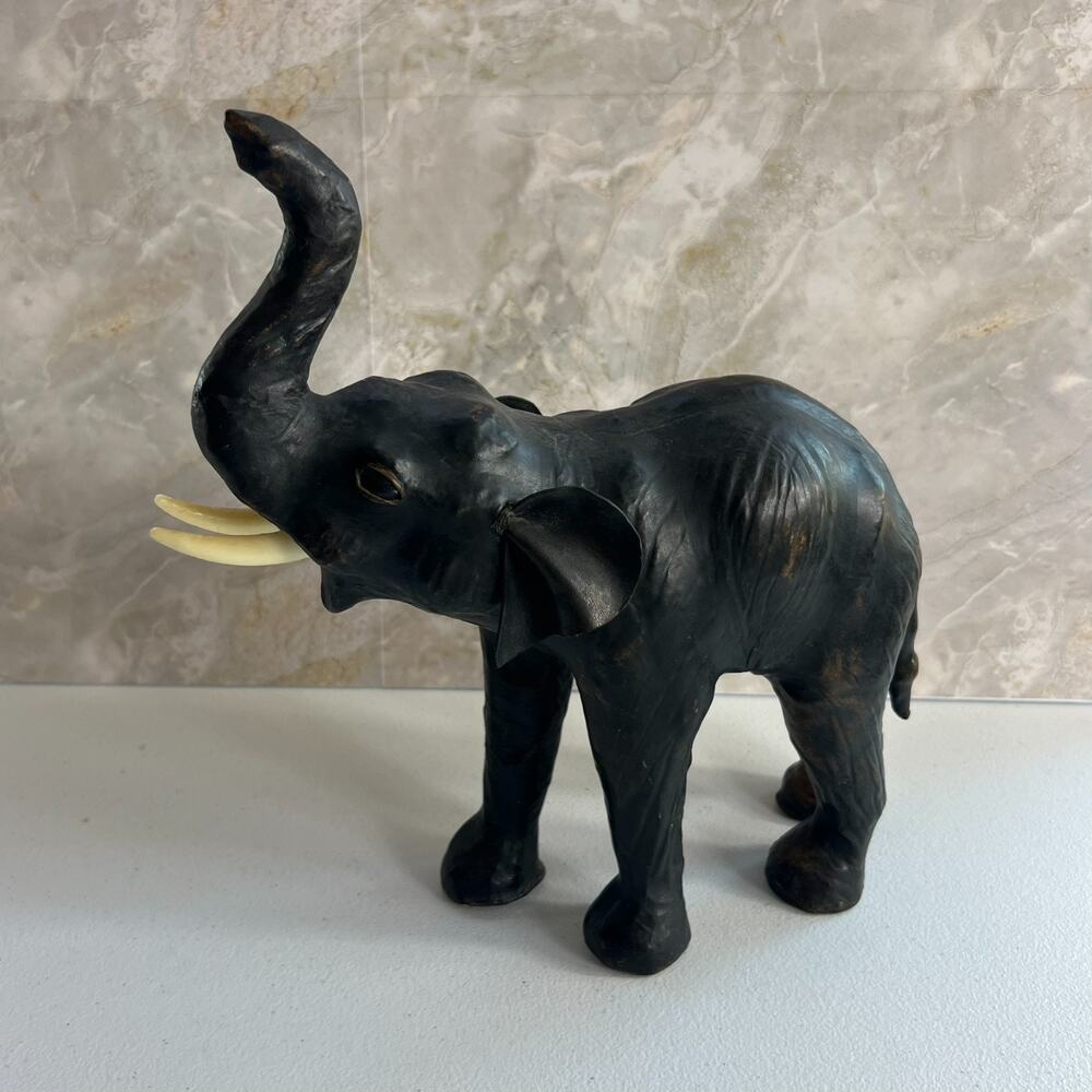 Black Leather Covered Paper Mache Elephant Sculpture Vintage Made In India